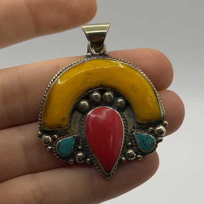 Nepalese Tibetan Style Crescent Pendant Red Coral Turquoise Yellow Resin
