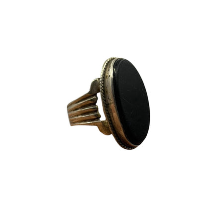 Vintage Silver Ring Black Onyx Oval Stone Ribbed Band