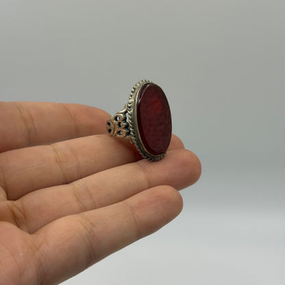 Vintage Silver Oval Carnelian Agate Solitaire Ring Rope Bezel Detail