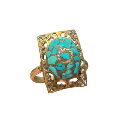 Vintage Nepalese Turquoise Brass Antique Ring