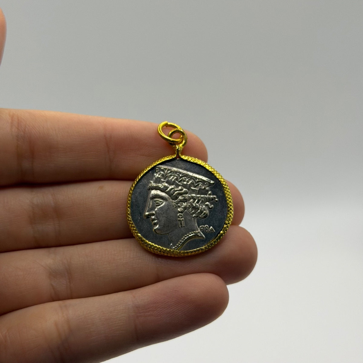 Ancient Roman Greek Style Silver & Gold Tone Coin Pendant