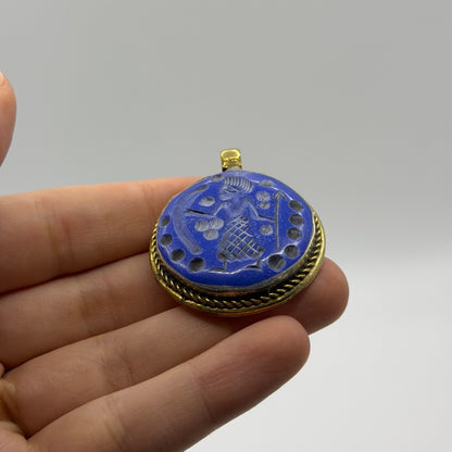 Vintage Lapis Blue Glass Intaglio Pendant –Hand Carved Warrior Figure Rope Brass