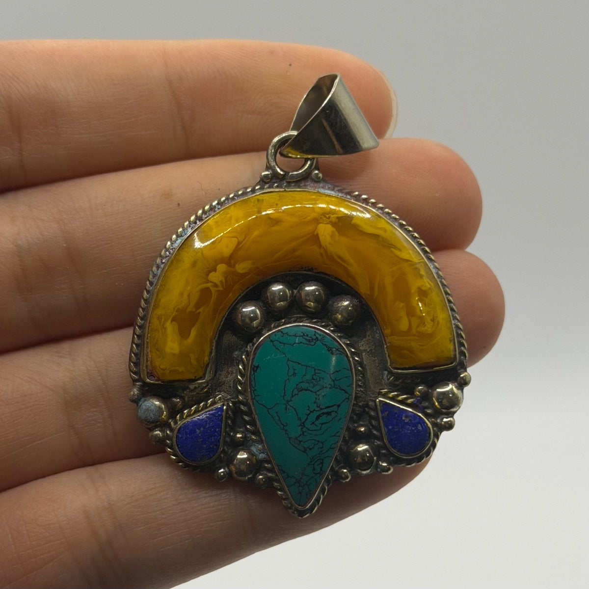 Vintage Nepalese Amber Resin & Stones Pendant