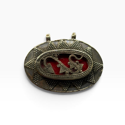 Vintage Tribal Silver Tone Oval Pendant Brooch –Red Resin Inlay Granulation Work