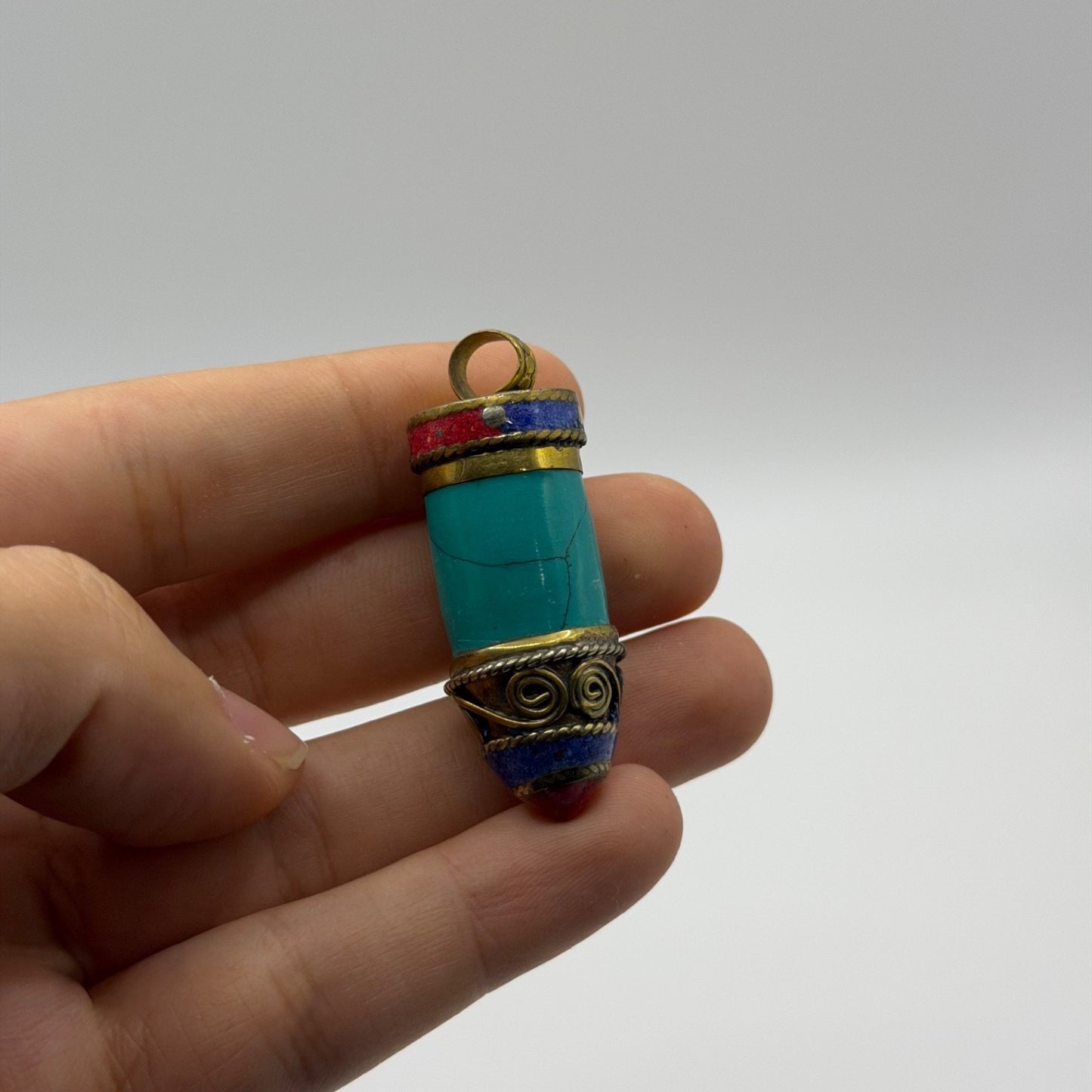Tibetan Style Turquoise and Coral Brass Cylinder Pendant