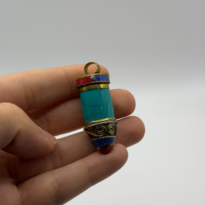 Tibetan Style Turquoise and Coral Brass Cylinder Pendant