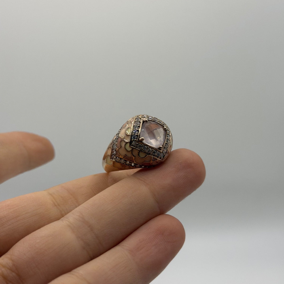 Antique Style Gold-Tone Enamel Ring w/ Rose Quartz & Pave Crystal Accents