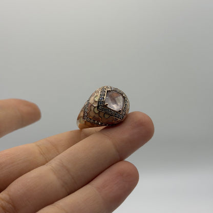 Antique Style Gold-Tone Enamel Ring w/ Rose Quartz & Pave Crystal Accents