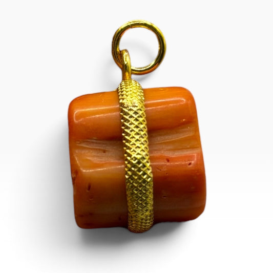 Vintage Natural Coral Barrel Pendant Gold Plated Wire Wrapped Bead Charm
