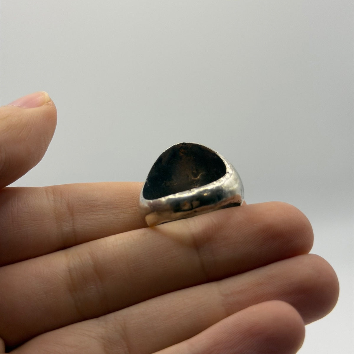 Vintage Silver Oval Stone Cabochon Ring Engraved Tribal Geometry Design