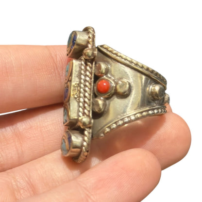 Unique Tribal Nepalese Multi Stone Silver Tone Ring