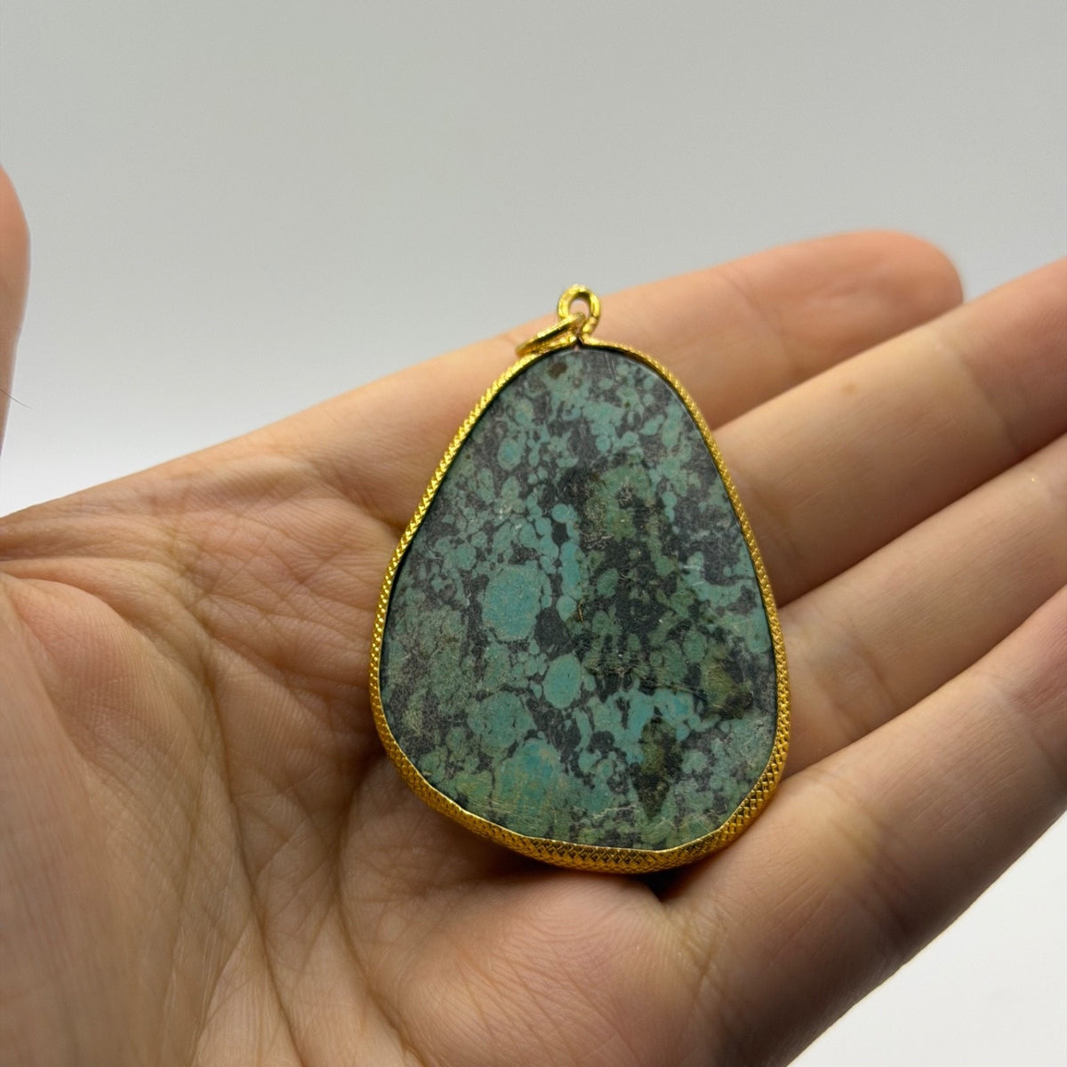 Natural Green Turquoise Jasper Matrix Gemstone Gold Tone Freeform Pendant