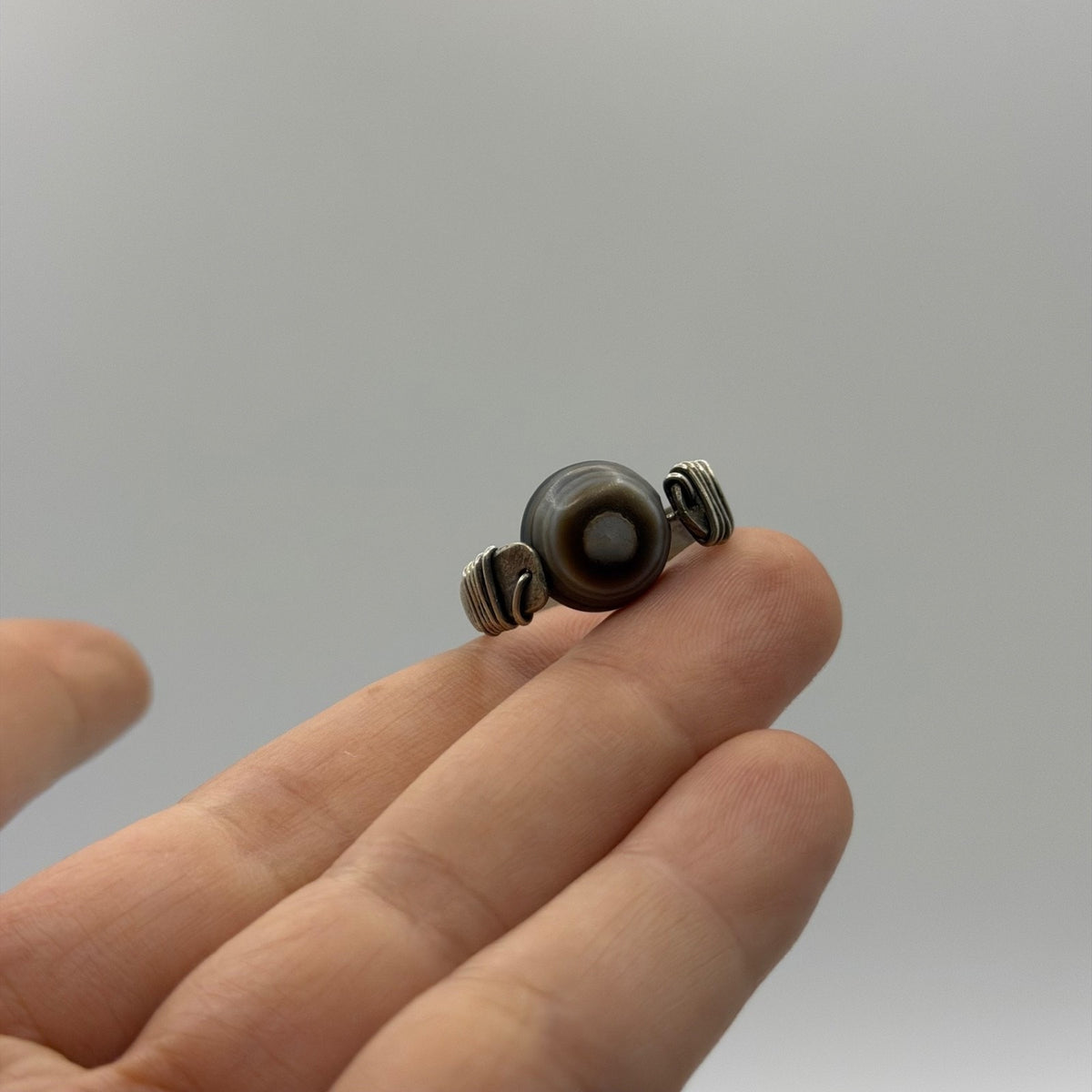 Vintage Silver Eye Agate Bead Ring Wire Wrapped Boho Ethnic Statement