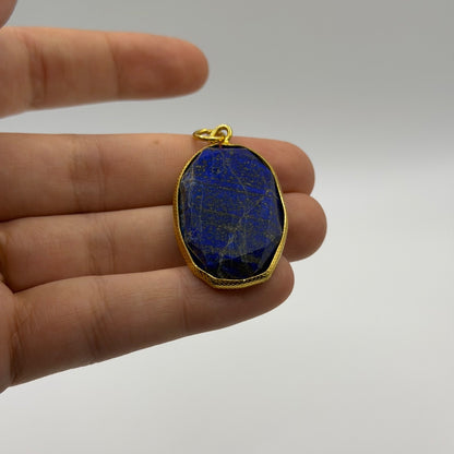 Large Natural Afghan Lapis Lazuli Oval Pendant Faceted Gemstone Gold Frame