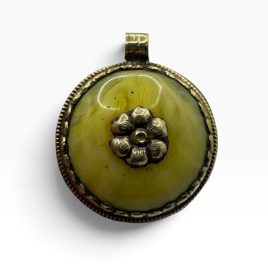 Vintage Nepalese Tribal Round Yellow Amber Resin Pendant Brass Flower Detail