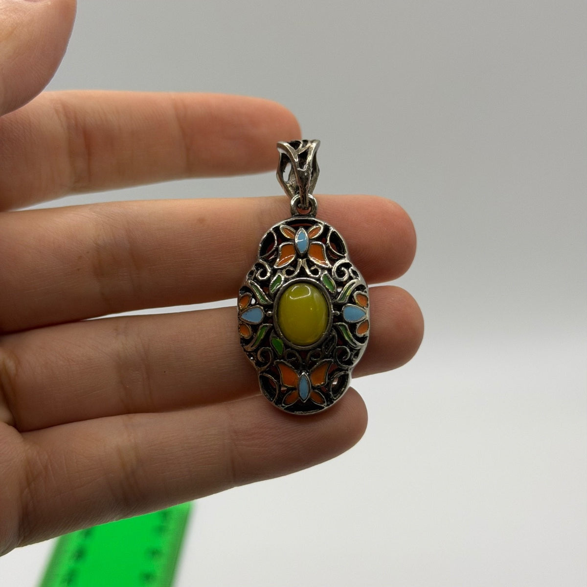 Vintage Silver Tone Enamel Butterfly Oval Pendant Yellow Cabochon