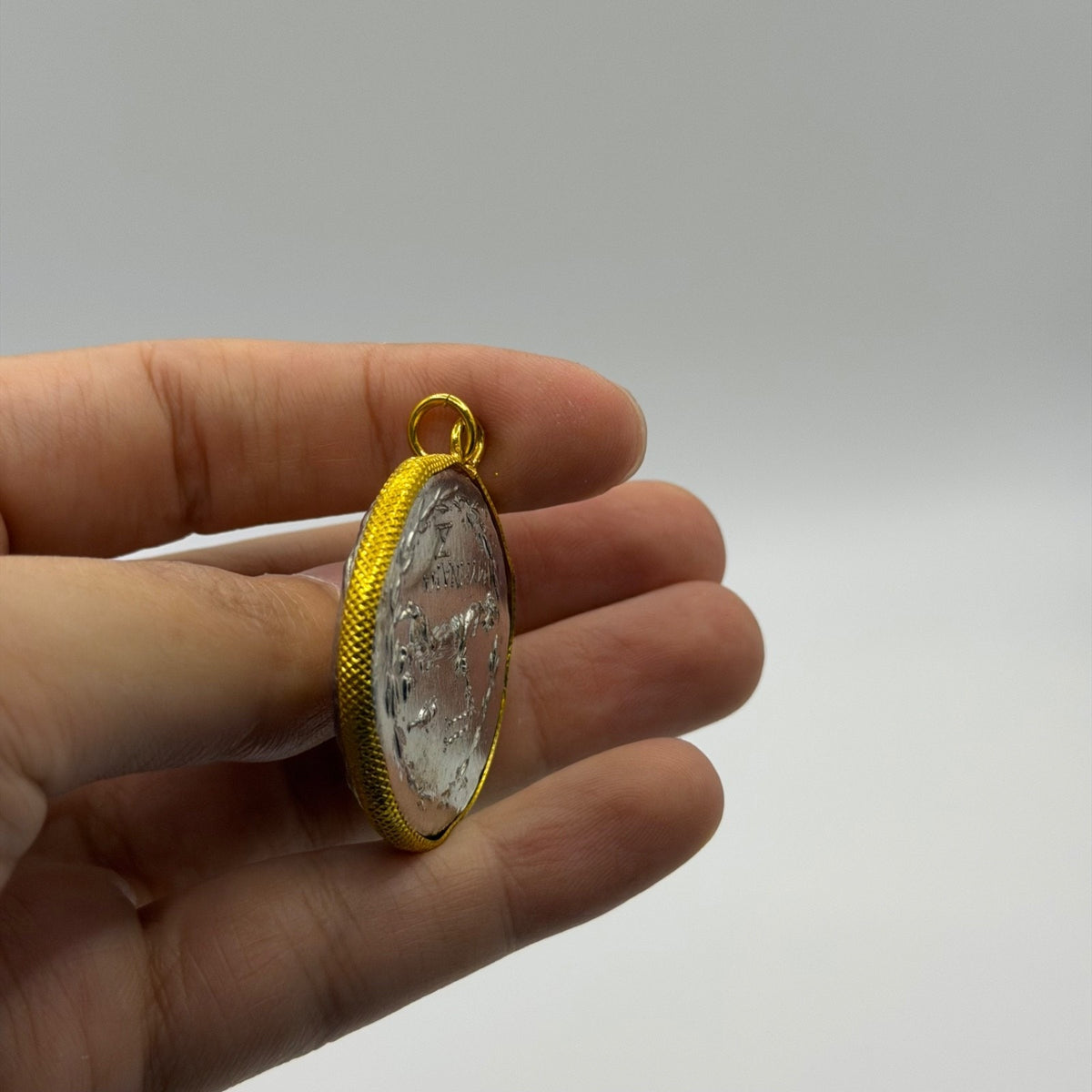 Ancient Greek Coin Style Pendant Gold Tone Bezel Frame Medallion Charm