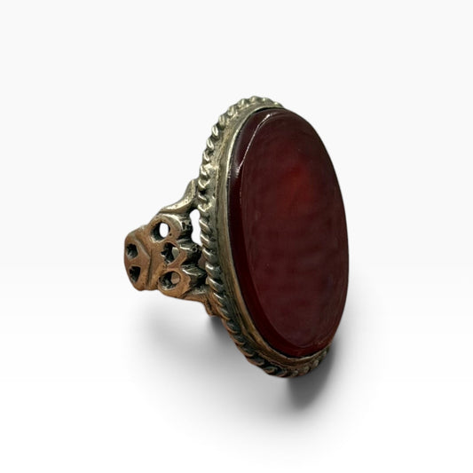 Vintage Silver Oval Carnelian Agate Solitaire Ring Rope Bezel Detail