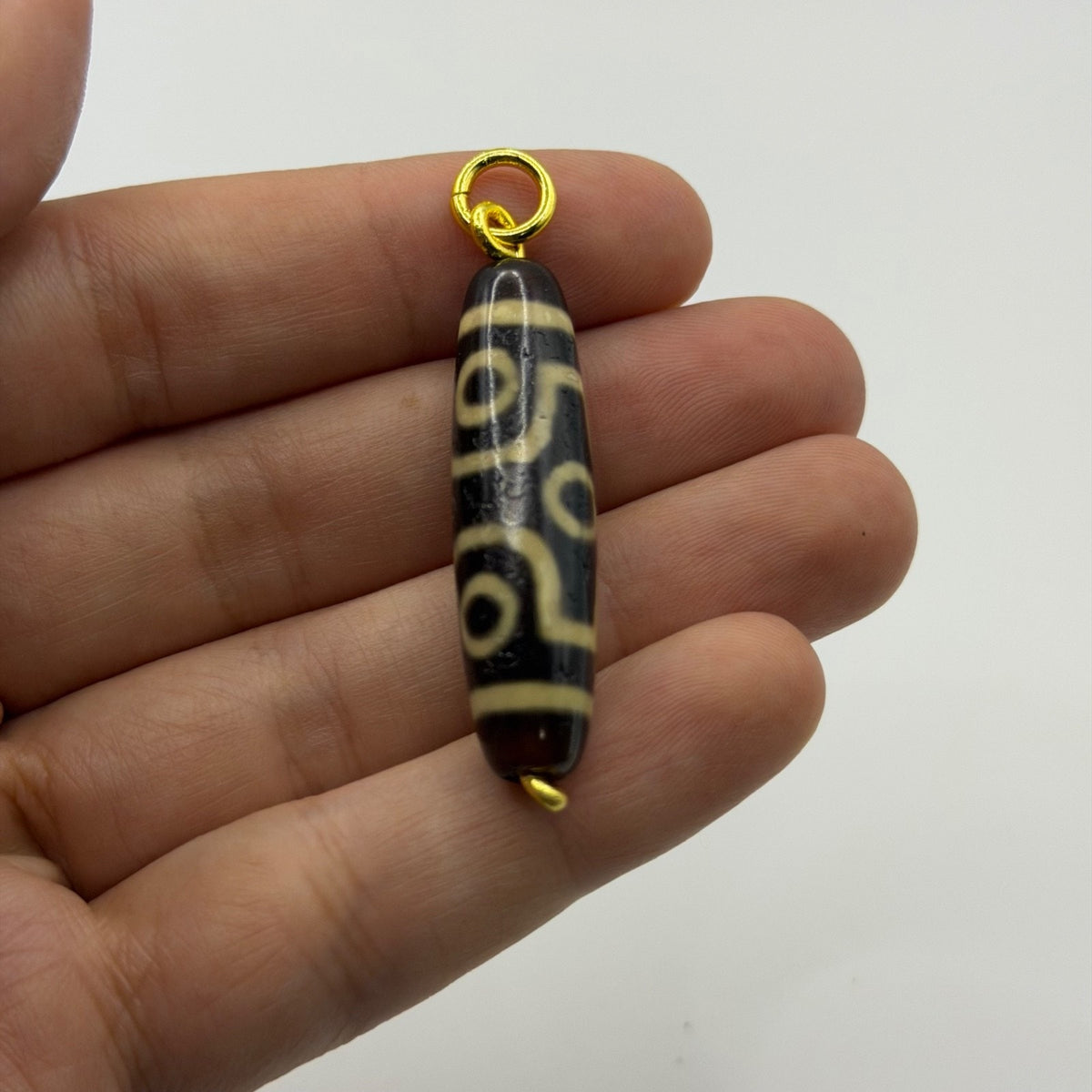 Vintage Tibetan Dzi Eye Agate Bead Tube Pendant Gold Tone Charm