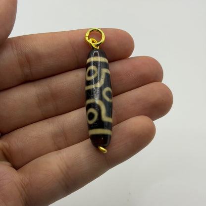 Vintage Tibetan Dzi Eye Agate Bead Tube Pendant Gold Tone Charm