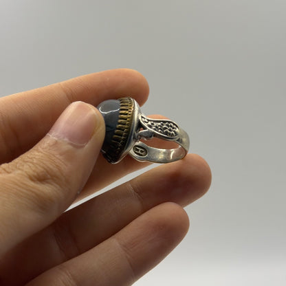 Vintage Silver Etruscan Style Banded Agate Ring Eye Stone Solitaire