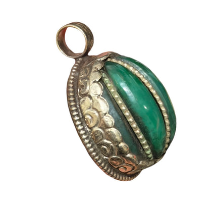Vintage Green Stone Pendant Silver Tone Handmade Ethnic Jewelry