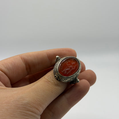 Vintage Silver Intaglio Carved Carnelian Portrait Seal Ring Roman Inspired