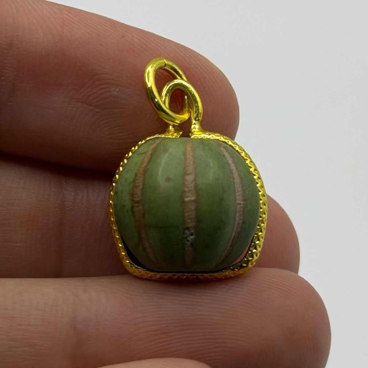 Vintage Carved Green Stone Watermelon Bead Pendant Gold Plated Frame Charm