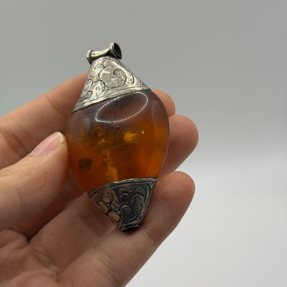 Tribal Silver Amber Glass Resin Teardrop Pendant Vintage Ethnic Jewelry Cap