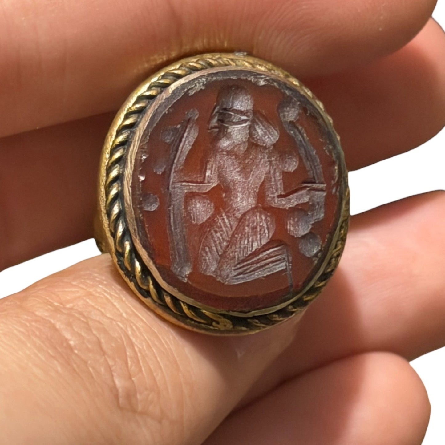 Ancient Roman Style Emperor Sitting Intaglio Brass Ring