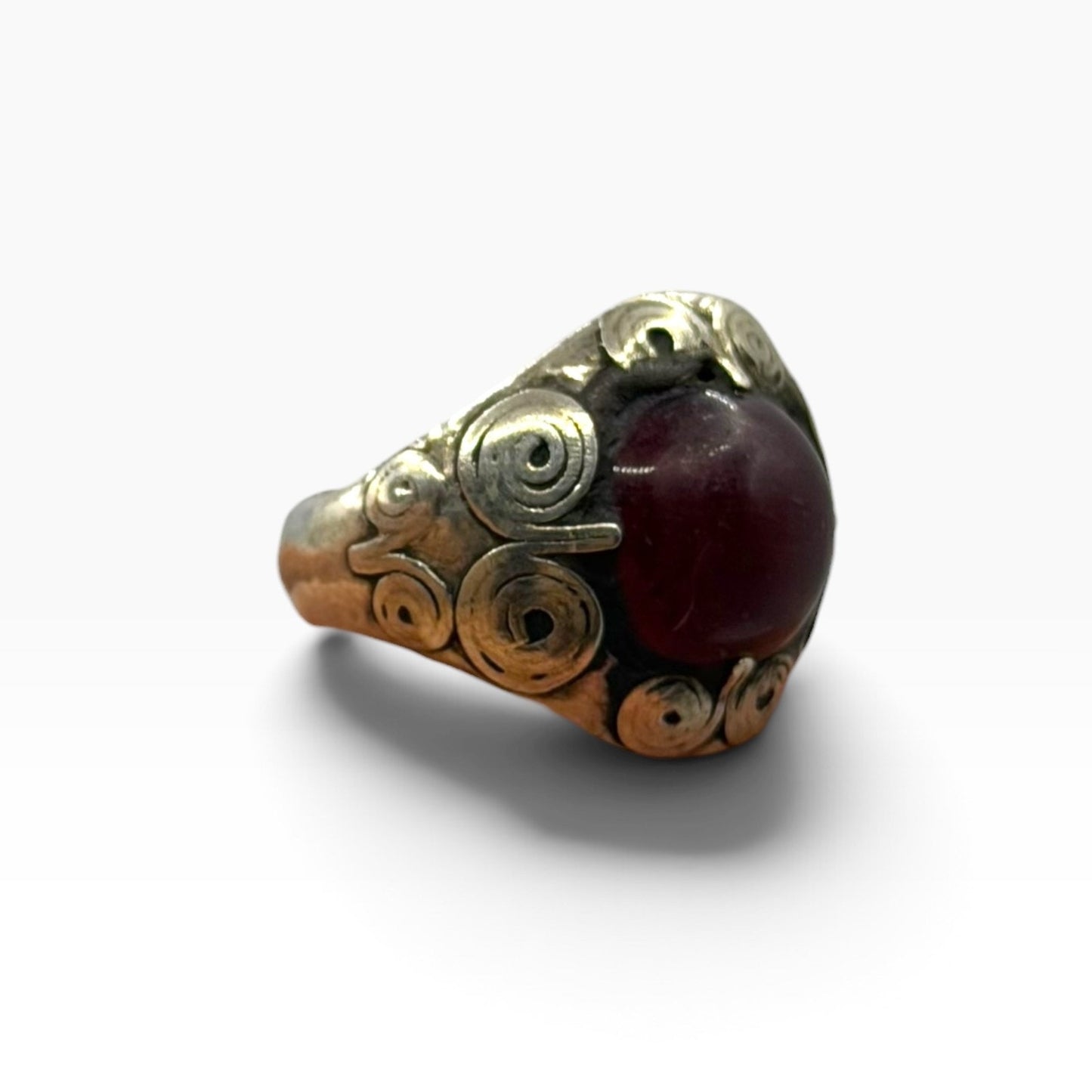 Silver Red Garnet Ruby Glass Cabochon Spiral Filigree Scroll Solitaire Ring