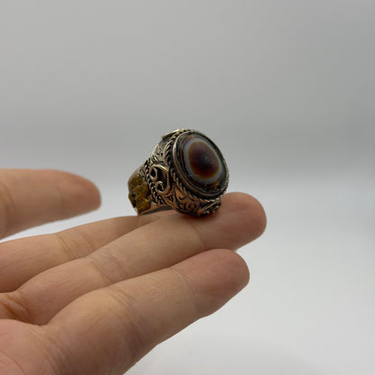 Silver Filigree Ring with Round Banded Agate Cabochon