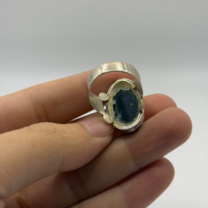 Vintage Silver Ring Black Onyx Oval Stone Ribbed Band