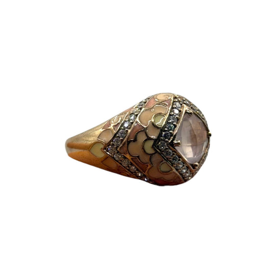 Antique Style Gold-Tone Enamel Ring w/ Rose Quartz & Pave Crystal Accents