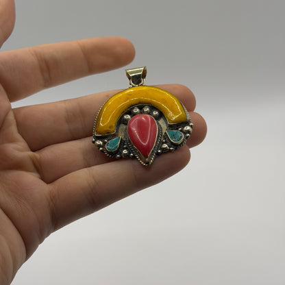Nepalese Tibetan Style Crescent Pendant Red Coral Turquoise Yellow Resin