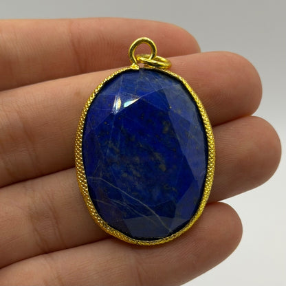 Natural Afghan Lapis Lazuli Faceted Oval Pendant Gold Tone Gemstone Charm