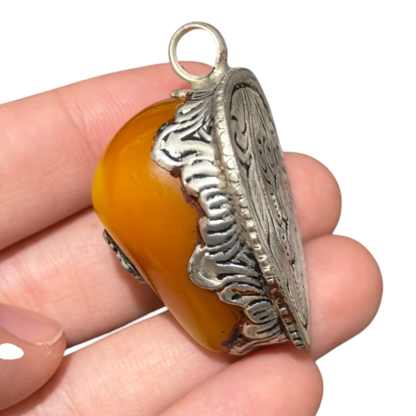 Vintage Nepalese Boho Tribal Amber Like Stone Silver Tone Pendant