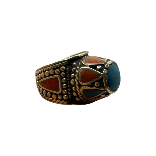 Vintage Silver Turquoise Coral Mosaic Ring Granulation Ancient Tribal Style