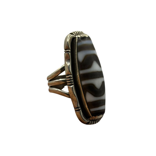 Vintage Tibetan Dzi Bead Sterling Silver Ring