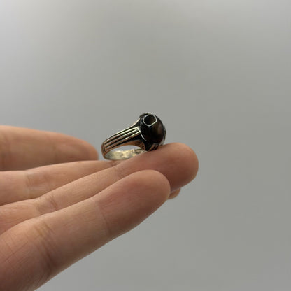 Silver Dark Smokey Quartz Onyx Oval Gemstone Solitaire Ring