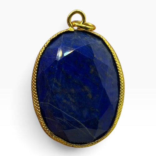Natural Afghan Lapis Lazuli Faceted Oval Pendant Gold Tone Gemstone Charm