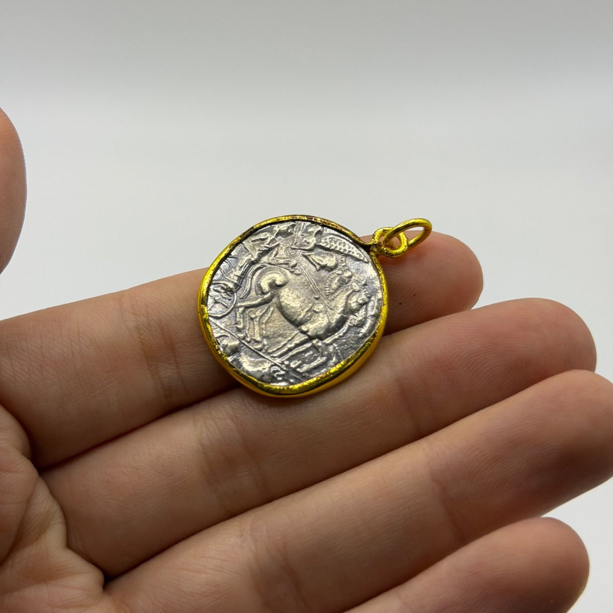 Ancient Roman Greek Style Coin Pendant Silver Gold Tone Coin Medallion Charm