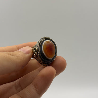 Vintage Solid Silver Banded Agate Cross Dove Symbol Statement Signet Ring