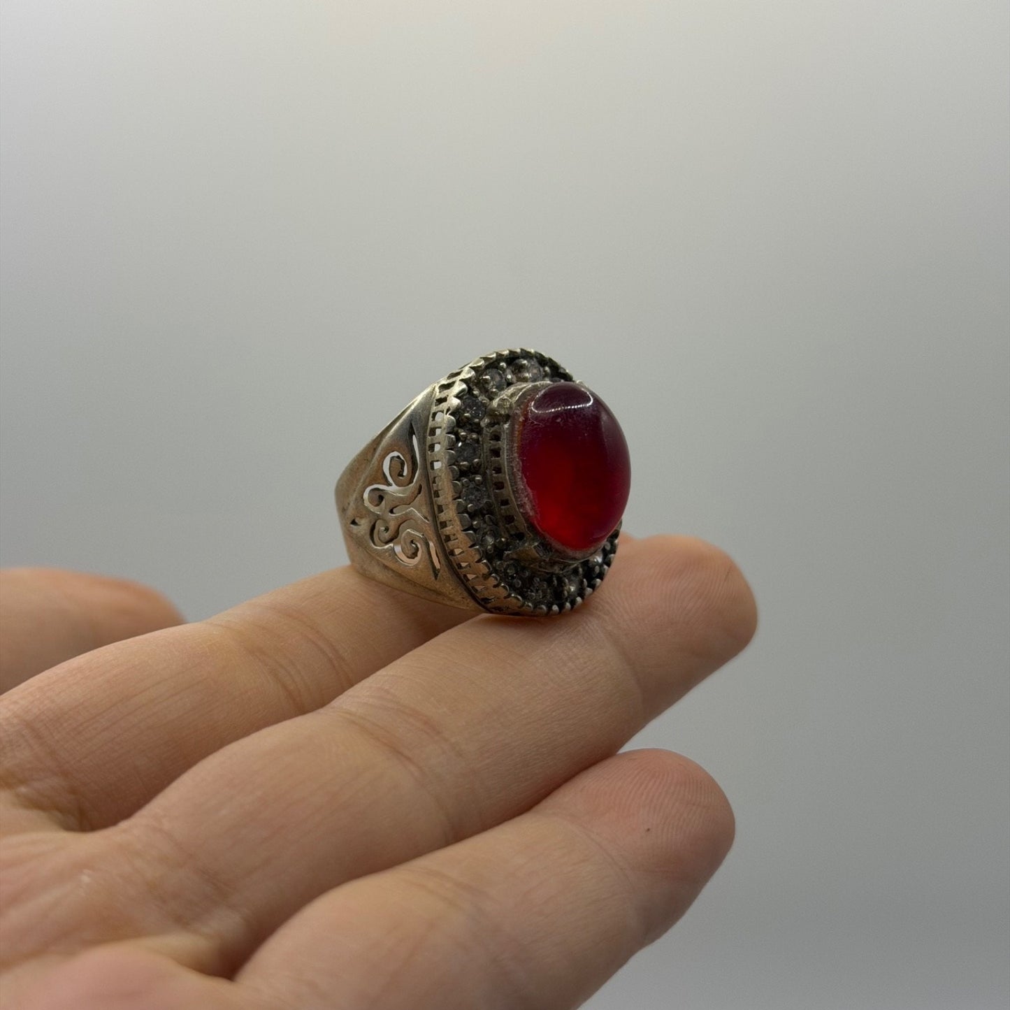 Vintage Silver Ring Red Glass Stone Cutout Design Ornate