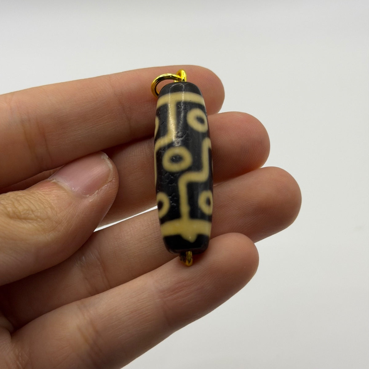 Vintage Tibetan Dzi Eye Agate Bead Tube Pendant Gold Tone Charm