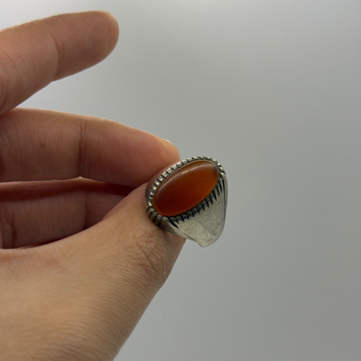 Silver Large Carnelian Agate Oval Cabochon Grooved Edge Signet Ring