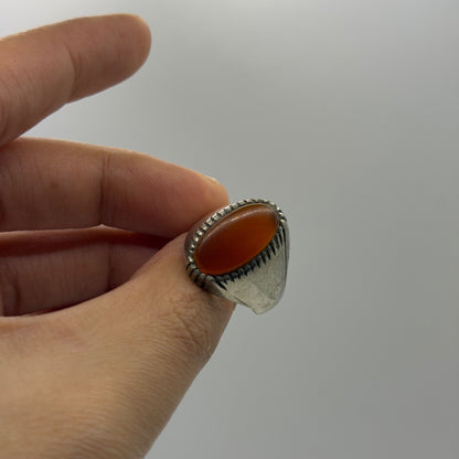 Silver Large Carnelian Agate Oval Cabochon Grooved Edge Signet Ring