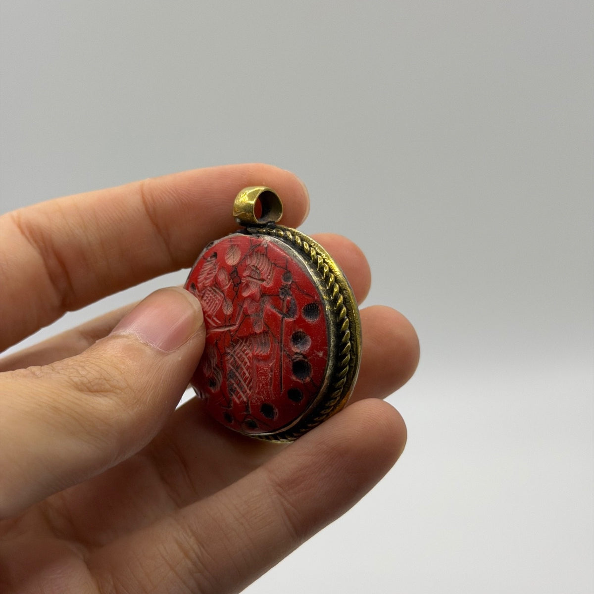 Vintage Hand Carved Red Intaglio Pendant – Carved Figure Brass Framed Amulet