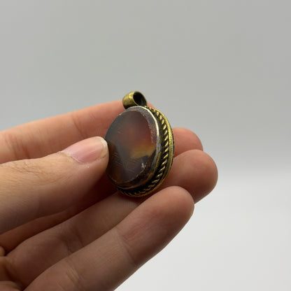 Vintage Brass Framed Oval Carnelian Agate Gemstone Pendant Charm