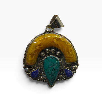 Vintage Nepalese Amber Resin & Stones Pendant